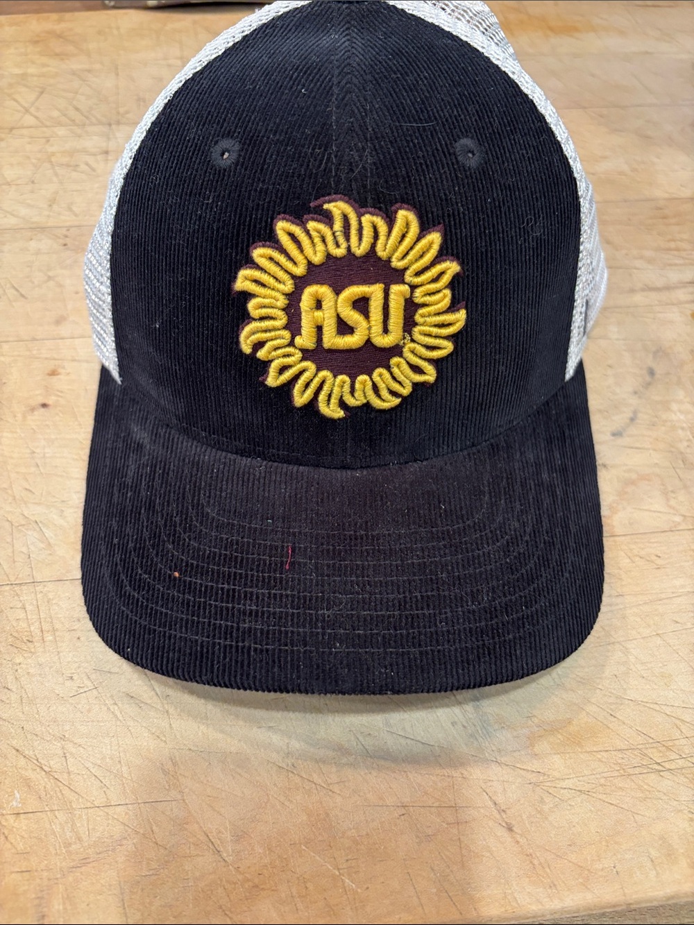 Zephyr Black Corduroy Trucker Hat with Gold ASU Sun Logo